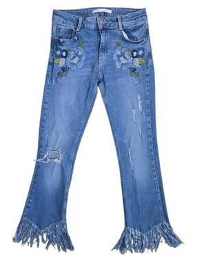Zara TRAFALUC cotton embroidered distressed cropped jeans frayed hem size 4